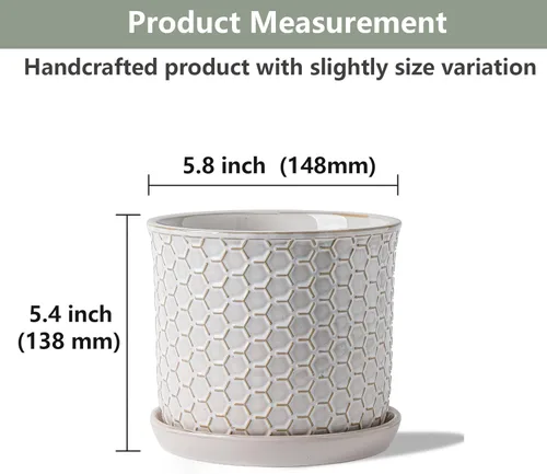 Vista 54 de Macetas de 5.8 pulgadas: maceta de cerámica con orificio de drenaje y platillo - Maceta para plantas de interior y exterior - Diseño con cuentas