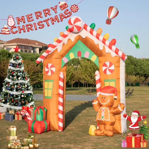 Vista 3 de Hioasis - Arco inflable de Navidad de 3 m con hombre de jengibre y caja de regalo, inflables navideños para exteriores con luces LED incorporadas