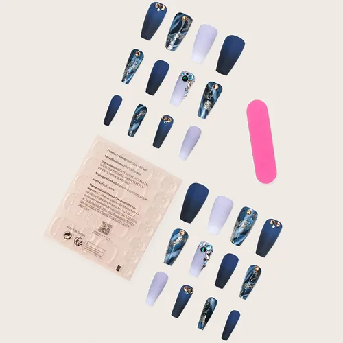 Vista 4 de Uñas postizas largas a presión, cuadradas, brillantes, color azul oscuro, cobertura completa, reutilizables, de acrílico, con diamantes