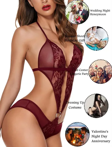 Vista 5 de Avidlove - Lencería de encaje con escote profundo en V para mujer, mini body de una pieza, baby doll, teddy