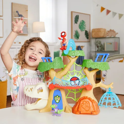 Vista 5 de Marvel Spidey and his Amazing Friends Dino-Webs Treehouse Playset, Spider-Man & Goblin Raptor - Juego de figuras de acción a escala de 4 pulgadas, a