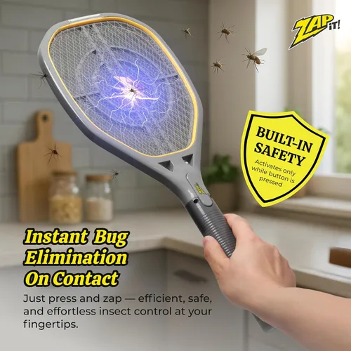 Vista 2 de ZAP IT! Raqueta matamoscas eléctrica recargable, matamoscas de 4,000 voltios con carga USB y luz LED, grande, raqueta segura de malla de 3 capas