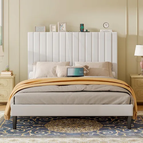 Vista 38 de Base de cama tamaño Queen tapizada en terciopelo con estación de carga, soporte de listones de madera, base de colchón, somier opcional, color blanco