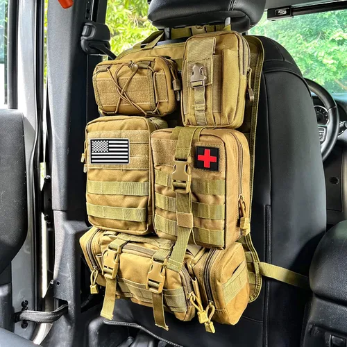 Vista 9 de MAIKER - Organizador táctico para respaldo de asiento de auto, organizador de panel de vehículo con 5 bolsas Molle desmontables, tamaño universal