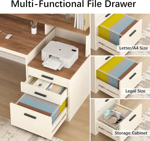 Vista 5 de YOMILUVE Escritorio de computadora de 65 pulgadas con 3 cajones y estantes de almacenamiento, escritorio ejecutivo con cajón para archivos