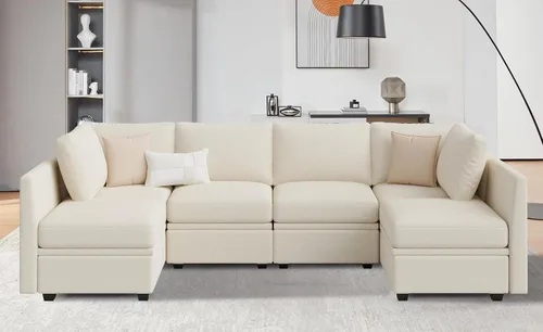 Vista 8 de Weture Sofá cama modular seccional, sofá cama reversible, sofá cama modular de 6 asientos con almacenamiento y diván, sofás para sala de estar, beige
