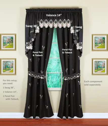 Vista 7 de Today's Curtain Verona cenefa bordada inversa, 14 pulgadas, negro/rosa, 60 pulgadas de ancho x 14 pulgadas de largo