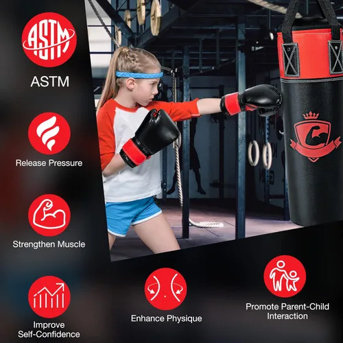 Vista 9 de GYMAX Saco de boxeo para niños, saco de boxeo prellenado con guantes de boxeo, envolturas de mano y bolsa de transporte, saco de boxeo pesado