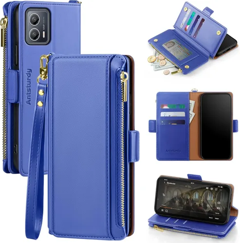 Vista 16 de Antsturdy Funda para Moto G 5G 2023 de piel sintética azul con tarjetero, bloqueo RFID, a prueba de golpes, bolsillo con cremallera, soporte, cierre