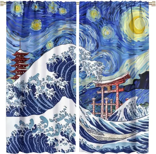 Cortinas opacas con bolsillo para barra de arte asiático japonés para dormitorio, diseño de anime azul, océano, fantasía, cielo estrellado, Torii,