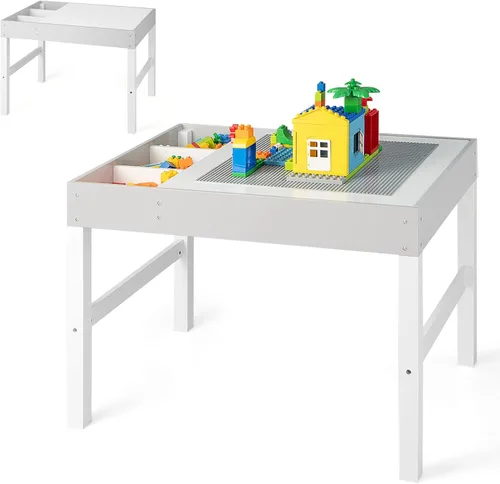 Vista 10 de HONEY JOY Mesa para niños, mesa de actividades de madera 2 en 1 con rollo de papel, mesa de bloques de construcción convertible, 3 compartimentos