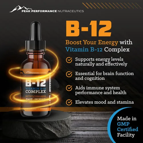 Vista 2 de Gotas sublinguales de vitamina B12. Suplemento dietético líquido de metilcobalamina para una energía constante y aumentada. Las vitaminas B12 son