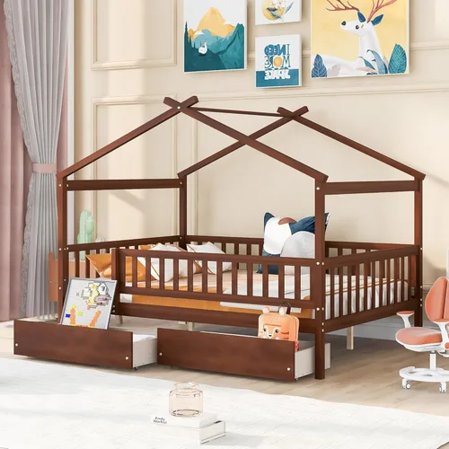 Vista 60 de Merax Cama de madera de tamaño individual con dos cajones, marco de cama de madera con techo para niños, adolescentes, niños o niñas, gris