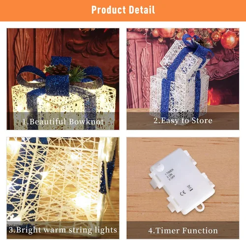 Vista 6 de Juego de 3 cajas de regalo iluminadas de Navidad, cajas de regalo con pilas para Navidad, LED blanco cálido con lazos para árbol de Navidad