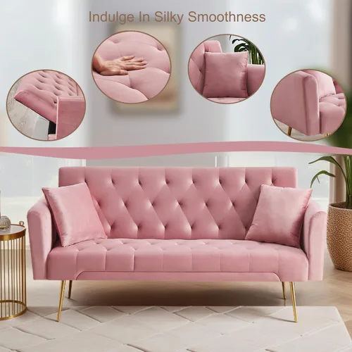 Vista 105 de Sofá cama moderno de terciopelo de 72 pulgadas, sofá cama plegable convertible con 3 respaldos ajustables, sofá biplaza reclinable copetudo