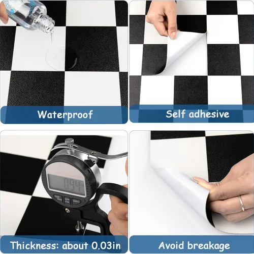Vista 2 de Azulejos de piso de despegar y pegar: 10 piezas de 11.81 * 11.81 pulgadas, piso de vinilo impermeable, adhesivo autoadhesivo para Negro y blanco