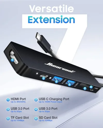 Vista 2 de Hiearcool - Adaptador HUB con USB C para MacBook Pro y Air (color carbón negro)