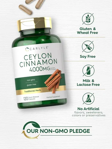 Vista 5 de Cápsulas de canela de Ceilán Carlyle 4000 mg 120 unidades Suplemento sin OGM y sin gluten