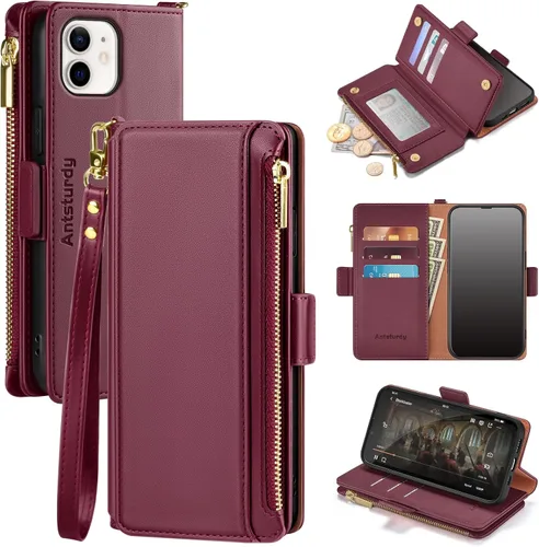 Vista 12 de Antsturdy Funda tipo cartera compatible con iPhone 12 Mini, funda de piel sintética con bloqueo RFID, funda para teléfono para mujeres y hombres