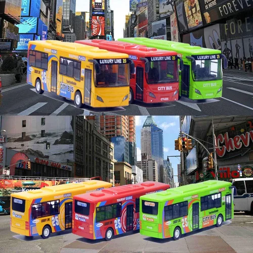 Vista 7 de Ailejia City Bus Toy Die Cast Pull Back Buses Vehículos Mini Coche Diecast Modelo Auto Juguetes Luces y Música (Verde)