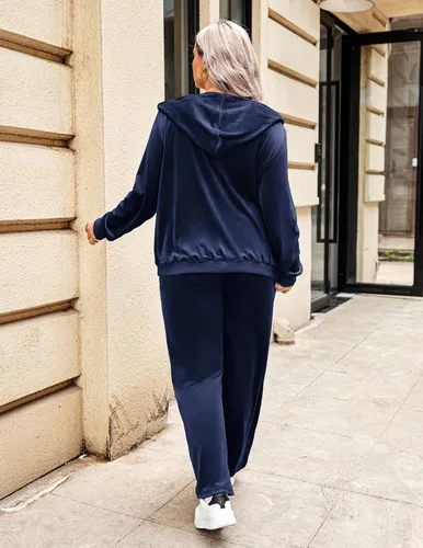 Vista 6 de IN'VOLAND Chándal de terciopelo para mujer, talla grande, sudadera de manga larga, 2 piezas, sudadera con capucha y bolsillos