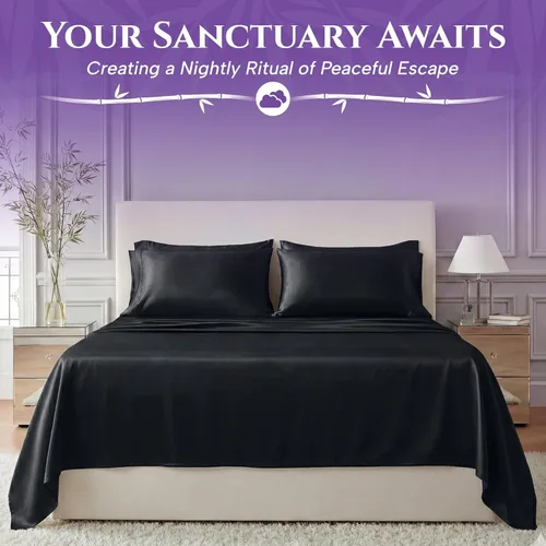 Vista 4 de SLEEP SANCTUARY 100% viscosa orgánica derivada de sábanas de bambú, tamaño individual, 4 piezas, ultra suave y refrescante, bolsillo profundo de 17