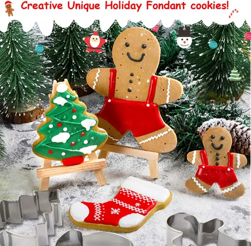 Vista 3 de Cortadores de galletas de Navidad, 4 piezas de acero inoxidable con formas navideñas, cara de Papá Noel, cara de muñeco de nieve, cara de reno, caja