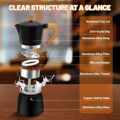 Vista 3 de Cafetera de Espresso de 3 Tazas de Aluminio para Estufa, Olla de Moka, Cafetera Express de Café Percolador, Máquina de Café Italiana Clásica Mocha