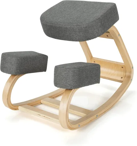 Vista 18 de Giantex Silla arrodillada, silla de postura de madera, carga máxima de 330 libras, mecedora con cojín suave, alivio natural para dolor de espalda