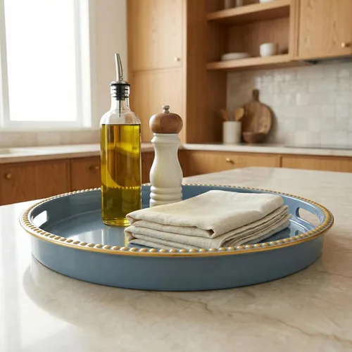 Vista 3 de Bandeja decorativa azul para mesa de café, bandeja de servir redonda de plástico con cuentas para encimera de cocina, otomana, sala de estar, (13")