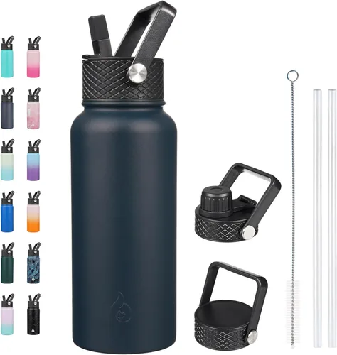 Vista 46 de BJPKPK - Botellas de agua aisladas con tapa de popote, botella de agua de acero inoxidable de 27 onzas con 3 tapas, termo de metal libre de BPA a