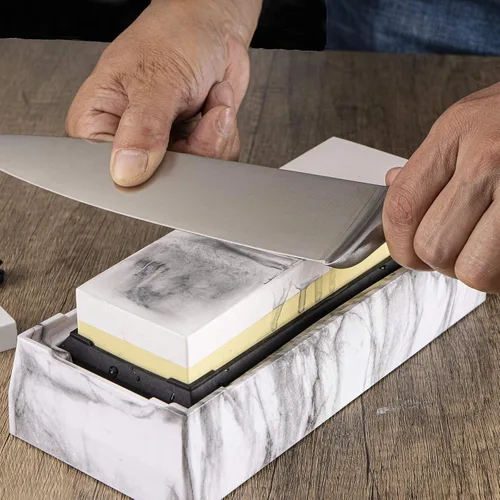 Vista 6 de Kit de piedra para afilar cuchillos, piedra de afilar de doble cara de grano 1000/6000 con guía de ángulo/soporte base antideslizante, piedra