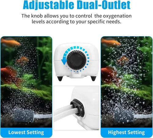 Vista 3 de Bomba de aire para acuario AQUANEAT para tanque de 20-210 galones, burbujeador de aire para peces, aireador de oxígeno hidropónico ajustable
