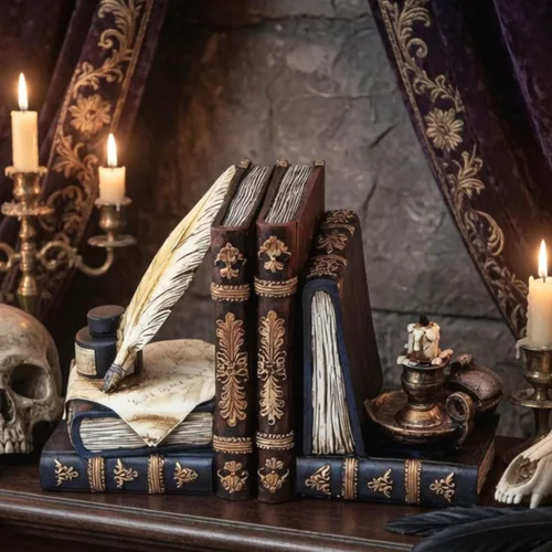 Vista 3 de Bellaa 26324 Sujetalibros Vintage de Mago con Pluma de Ave y Botella de Tinta con Lámpara de Aceite Estilo Antiguo Granja Casa de Campo Cabaña Lodge