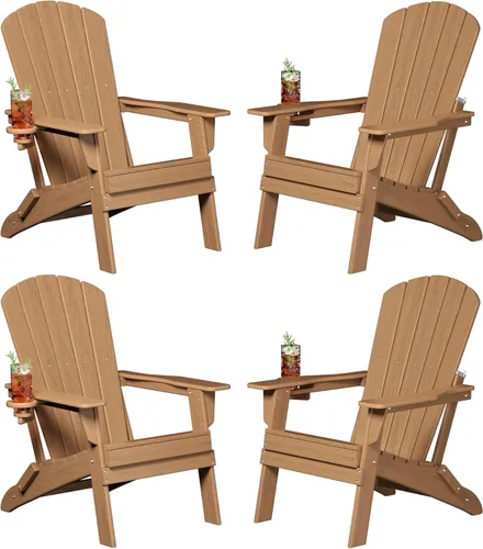 Vista 39 de Plawdlik Silla plegable Adirondack, probada por SGS, textura de madera con portavasos, resistente a todo tipo de clima, HDPE, cómoda para piscina