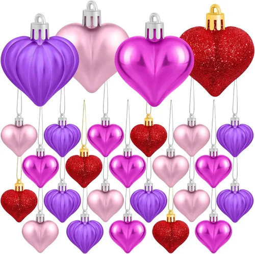 Vista 8 de Elcoho 48 bolas colgantes en forma de corazón para el día de San Valentín, decoración de árbol de San Valentín para decoración del día de San Rojo
