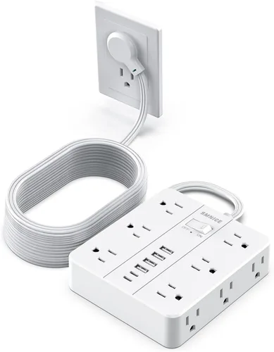 Vista 10 de Regleta de alimentación de enchufe plano con 12 salidas 6 USB (2 USB C), estación de carga con protector de subida de tensión SMNICE con protección
