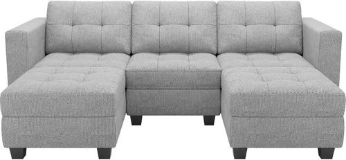 Vista 17 de Belffin Sofá modular modular con tumbonas dobles en forma de U, modular con asiento de almacenamiento, sofá modular con otomanas reversibles