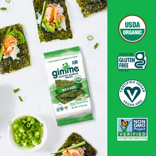 Vista 43 de Gimme Algas Marinas Aperitivos de Algas Marinas Tostadas Orgánicas Premium, Chile Lima, 20 Unidades, Keto, Vegano, Sin Gluten, Gran Fuente