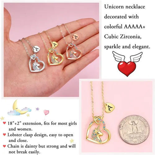 Vista 4 de Regalos para el día de San Valentín para niñas chapado en oro de 14 quilates oro blanco oro rosa collar de unicornio de corazón de circonita cúbica