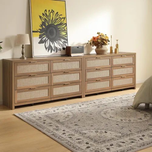 Vista 9 de SICOTAS Cómoda de ratán para dormitorio, cómoda de 57 pulgadas de ancho con 6 cajones con amplio almacenamiento, cómoda grande, armario, soporte