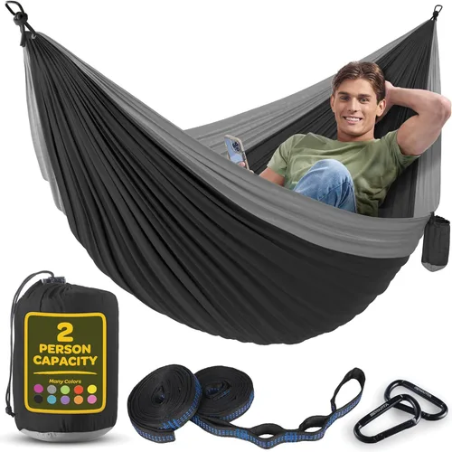 Vista 36 de Hamaca duradera con capacidad de 400 libras, silla hamaca de nailon para campamento, tamaños dobles o individuales, con correas para árbol y bolsa