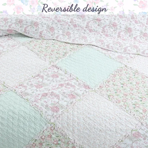 Vista 4 de Juego de ropa de cama reversible de algodón reversible de 3 piezas con diseño floral pastel de jardín de rosas, melocotón, verde, con volantes