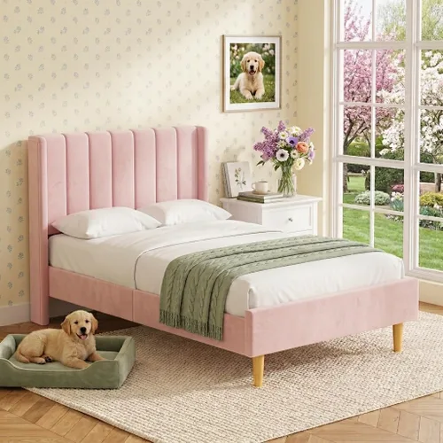 Vista 41 de Base de cama tapizada de terciopelo individual con cabecera con respaldo de ala, color crema Cama de plataforma capitoné de canal vertical