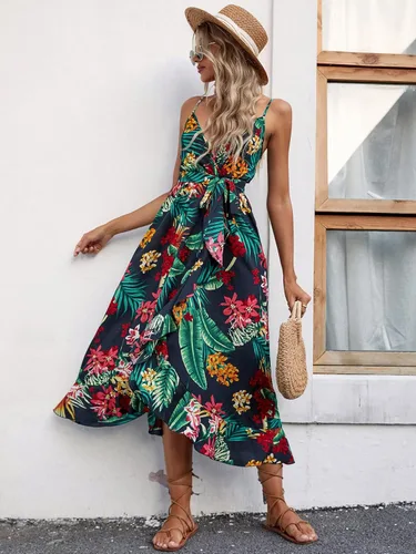 Vista 5 de WDIRARA Vestido de tirantes con cinturón sin mangas y cuello en V y estampado tropical para mujer