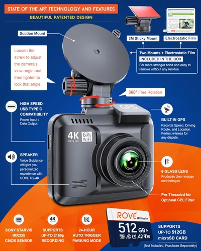 Vista 9 de ROVE Cámara de tablero R2-4K Tarjeta Micro SD de 256 GB