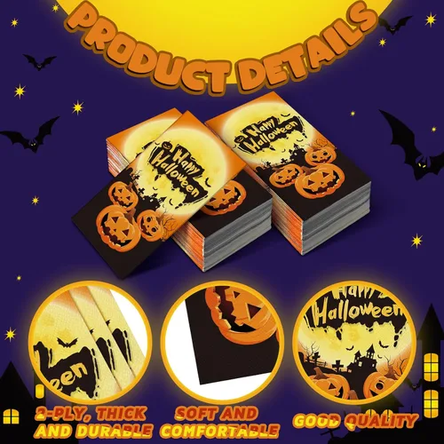 Vista 3 de Tenceur 100 servilletas de papel de Halloween de 2 capas desechables para invitados, Halloween, hogar, baño, cena, cumpleaños, cocina, bebidas