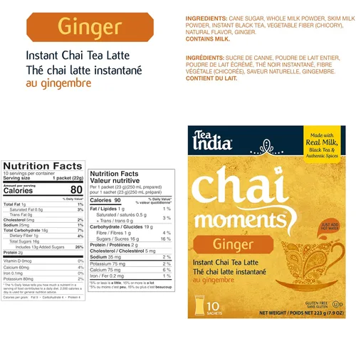 Vista 2 de Tea India Chai Moments Ginger Chai Tea Instant Latte Mix Mezcla sabrosa de té negro de primera calidad, jengibre e ingredientes naturales Té