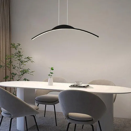 Vista 2 de 31.5in Dining Room Dimmable Chandeliers, Modern Linear Metal Ceiling Hanging Lighting, Adjustable Height Arc Shaped Pendant Lights for Kitchen Black