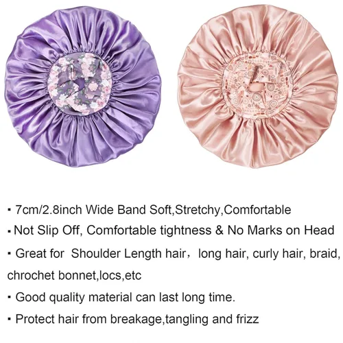 Vista 6 de Gorro de Seda y Satén para el Cabello: 2 piezas, 43 cm de Diámetro, Gorros Satinados Extra Grandes Jumbo para Dormir (Beige y Morado Claro)